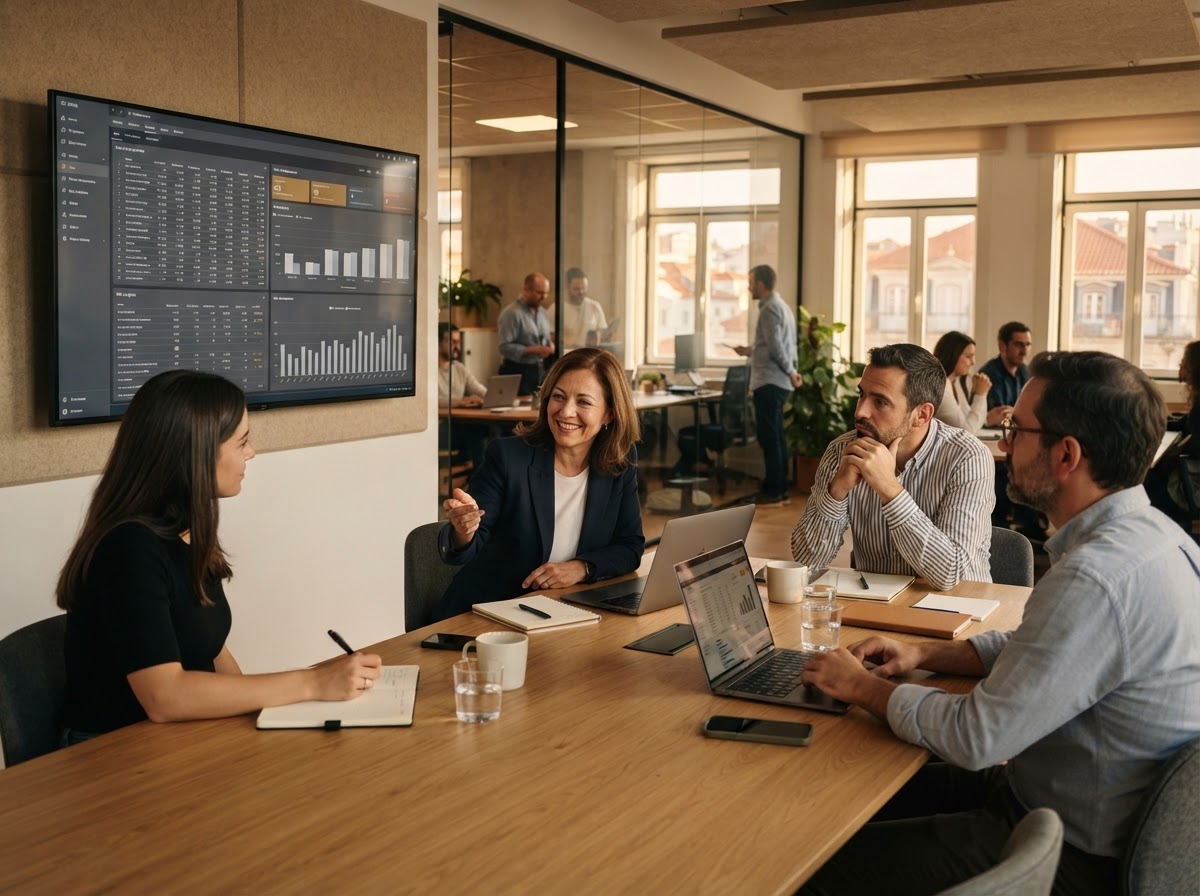 Prezavança — equipa a analisar dados de mercado num ambiente de trabalho